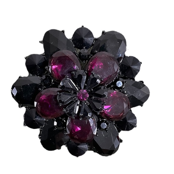 LOFT by Ann Taylor Black & Plum Rhinestone Flower Brooch 2.5" Statement Pin - Picture 1 of 11